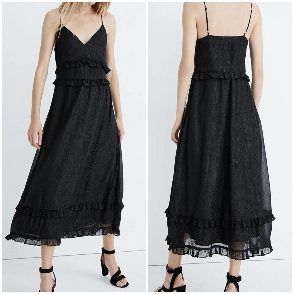 Madewell Women’s Size 4 Black Metallic Ruffle Maxi Dress Spaghetti Strap